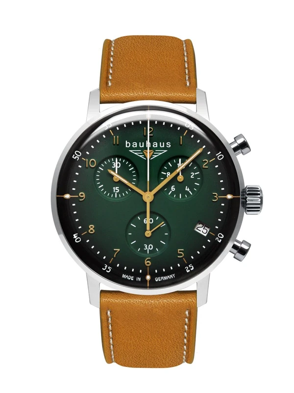 Bauhaus 2096-3 – Men's Chronograph Watch Silver with Blue Leather Strap & Quartz Movement – Made in Germany, Green, Strap.