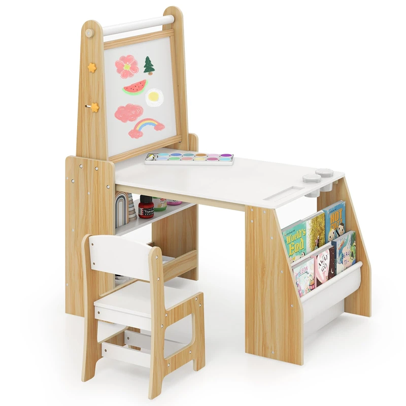 GYMAX Kids Art Table and Chair Set, Wooden Children Desk with Paper Roll, 2 Open Shelves, 2-Tier Bookshelf, Whiteboard & Chalkboard, Toddler Activity Table Set for Drawing Writing (Natural + White)