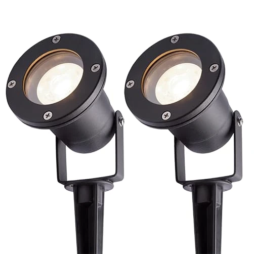 4lite Outdoor Spike Light (Black) Pack fo 2 IP65 Rated Garden Single Spot Light Supplied with 2X 2700k - 6500k Smart GU10 Bulb - 4L2/2010x2-4Yr Guarantee