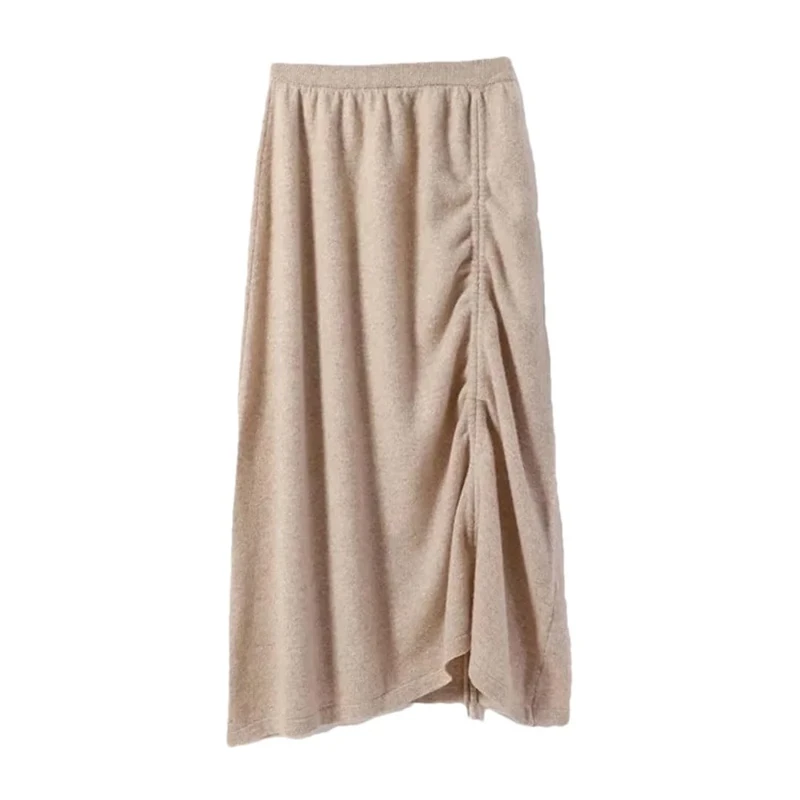 Women's Mid-Length A- Line Knitted Mini Skirt High Waist Solid Wool 100% One-Step Body-Skimming Skirt Beige Lighttan One Size