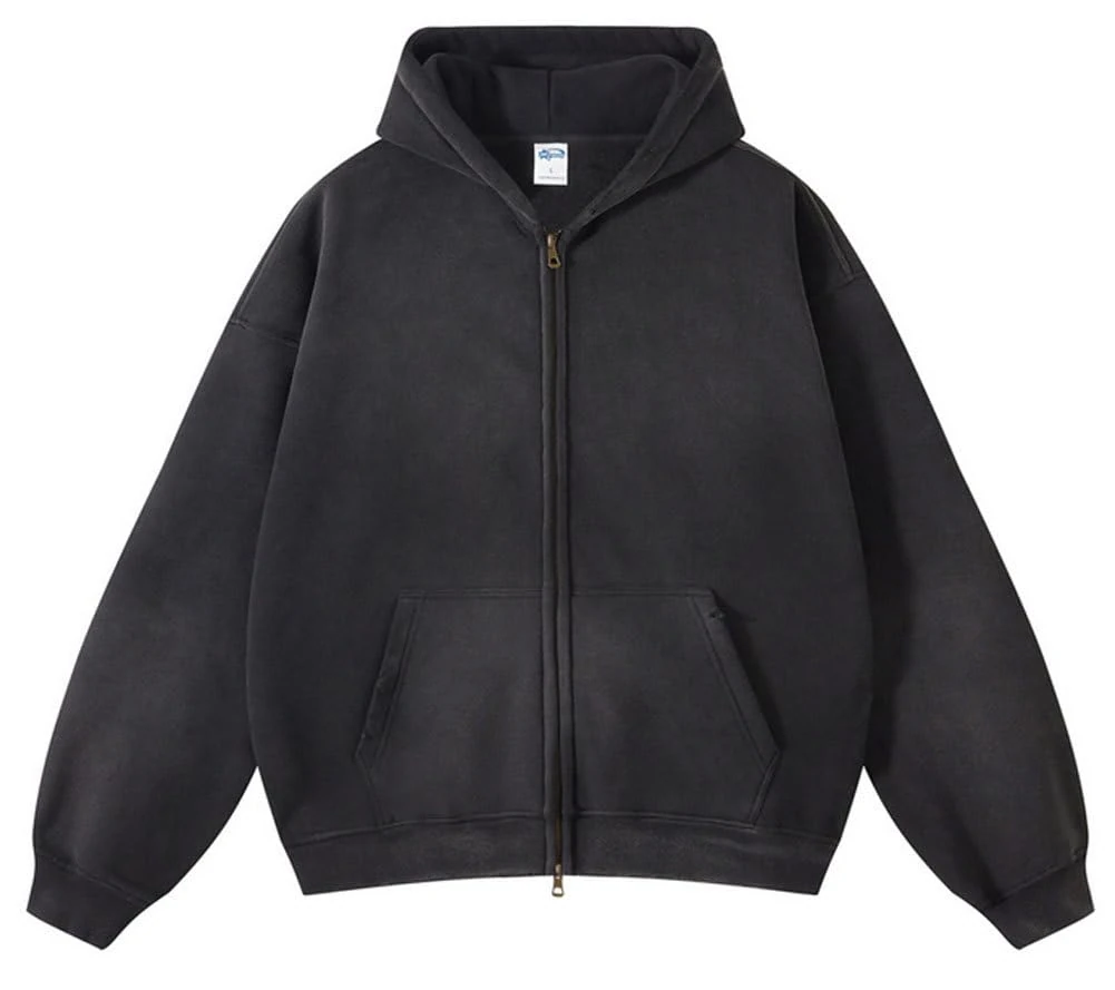 Botong Vintage Mens Zip Up Hoodies Womens Oversized Acid Wash Hoddies Unisex Streetwear Sweatshirt Black M