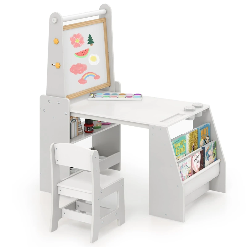 GYMAX Kids Art Table and Chair Set, Wooden Children Desk with Paper Roll, 2 Open Shelves, 2-Tier Bookshelf, Whiteboard & Chalkboard, Toddler Activity Table Set for Drawing Writing (Grey + White)