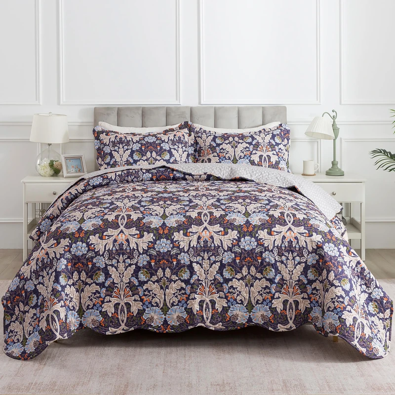 HoneiLife Quilt Set King Size - Microfiber Bedspread 3-Piece,Reversible Coverlet Lightweight Bedcover King Quilt Bedding Sets-Navy