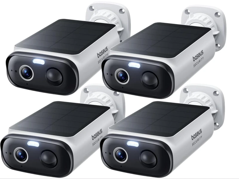 Baseus S1 Lite 4-Cam Solar Security Camera Outdoor Wireless, IP67 Waterproof Home Surveillance WiFi Camera, 2K 135°, Color Night Vision, AI Detection, No Monthly Fee, Works with Alexa & Google