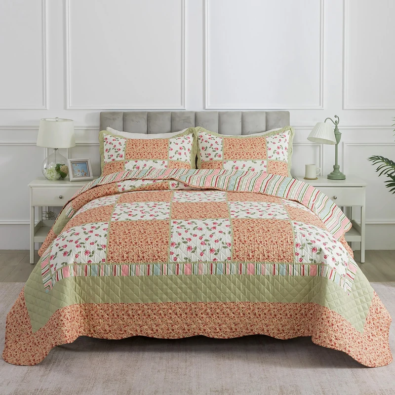 HoneiLife Queen Size Quilt Sets - Microfiber Quilt Set 3-Piece,Lightweight Bedspreads Reversible Coverlets Retro Bed Cover Floral Bedding Set, Queen Quilt Bedding Sets for All Season Use