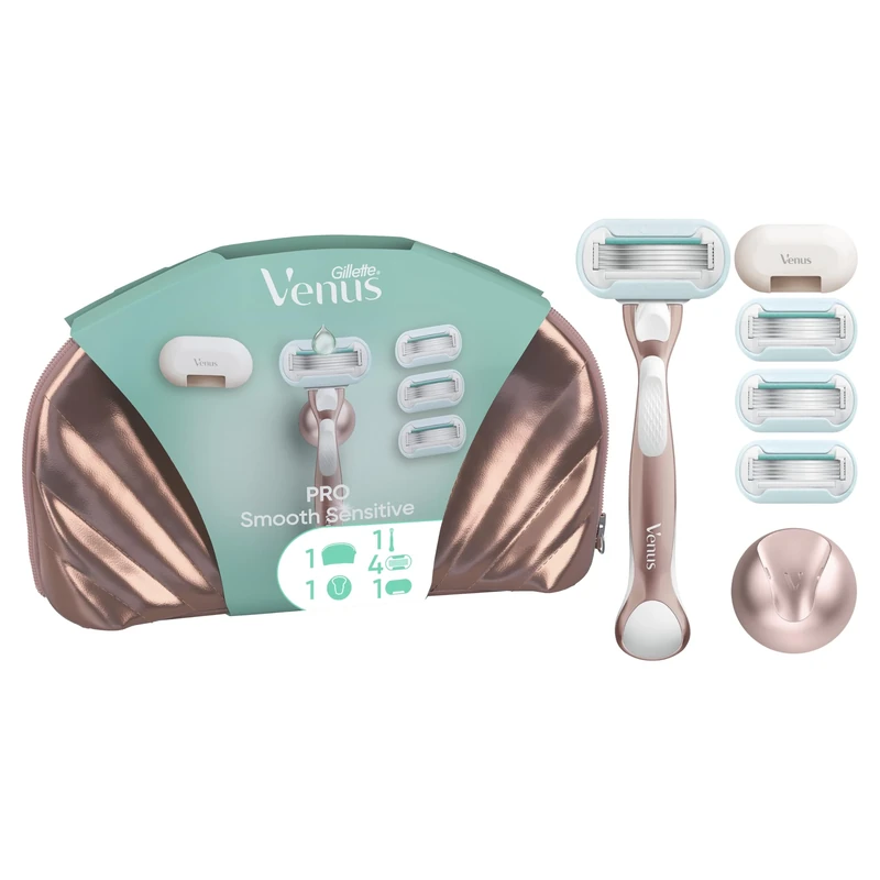 Gillette Venus Sensitive Razor - 4 Refills, Metal Handle, Travel Bag