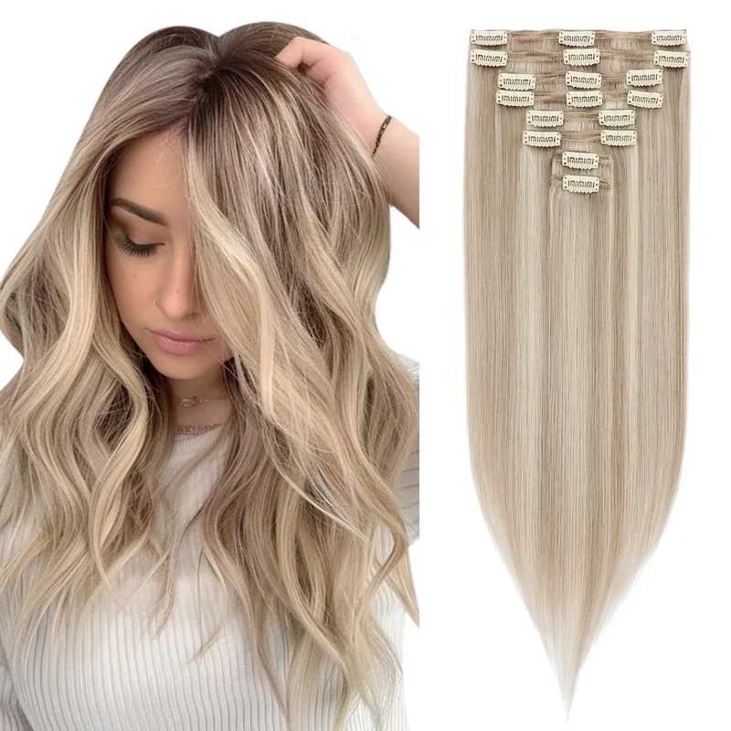 Elailite Clip in Hair Extensions Real Human Hair Double Weft Thick Remy Natural Hair - 8 Pieces Full Head Straight - #22B/613 Champagne Blonde Mix Bleach Blonde - 12 Inch (115 g)