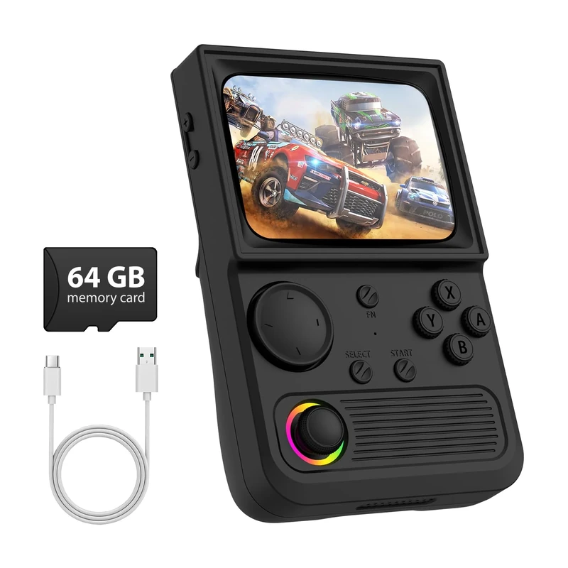 R36T Retro Gaming Console, 3.5'' IPS Screen CRT-Inspired, Handheld Game Console with 18000+ Classic Games, 3500mAh Battery, Supports Multiple Mainstream Emulators, WiFi Network Battling, 64GB (Black)
