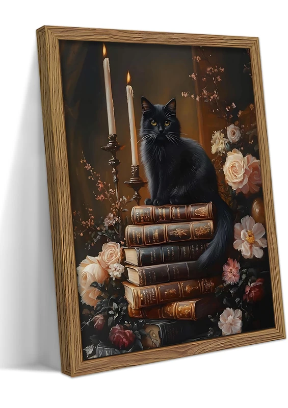 Framed Vintage Cat Canvas Wall Art, Retro Books Floral Dark Academia Decor, Victorian Gothic Botanical Flowers Wall Decor for Living Room Bedroom – Dark Wooden Frame 16x24in