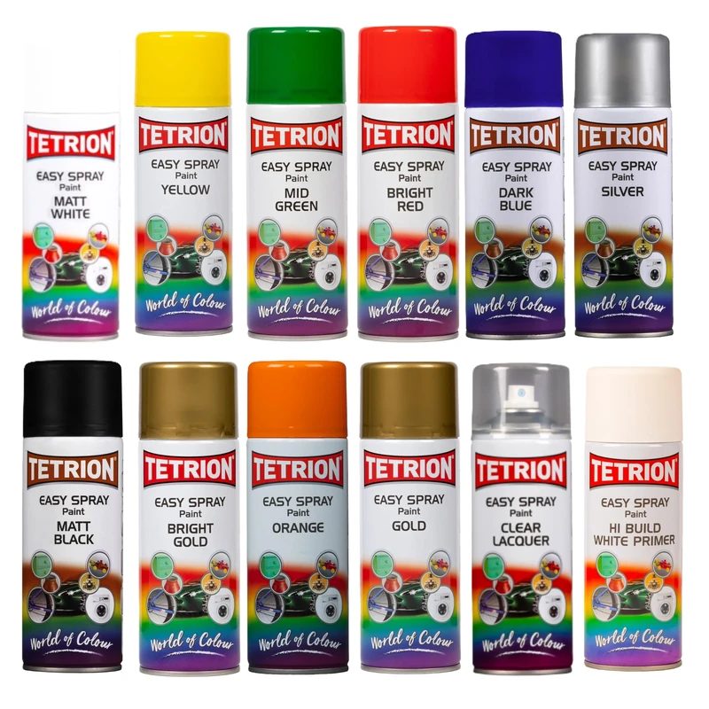 Tetrion Easy Spray Paint 400ml, 12 pack Matt White, Yellow, Dark Blue, Bright Red, Mid Green, Black, Gold, Orange, Silver, Clear, Hi-Build White Primer – Acrylic, quick-dry, multi-surface.