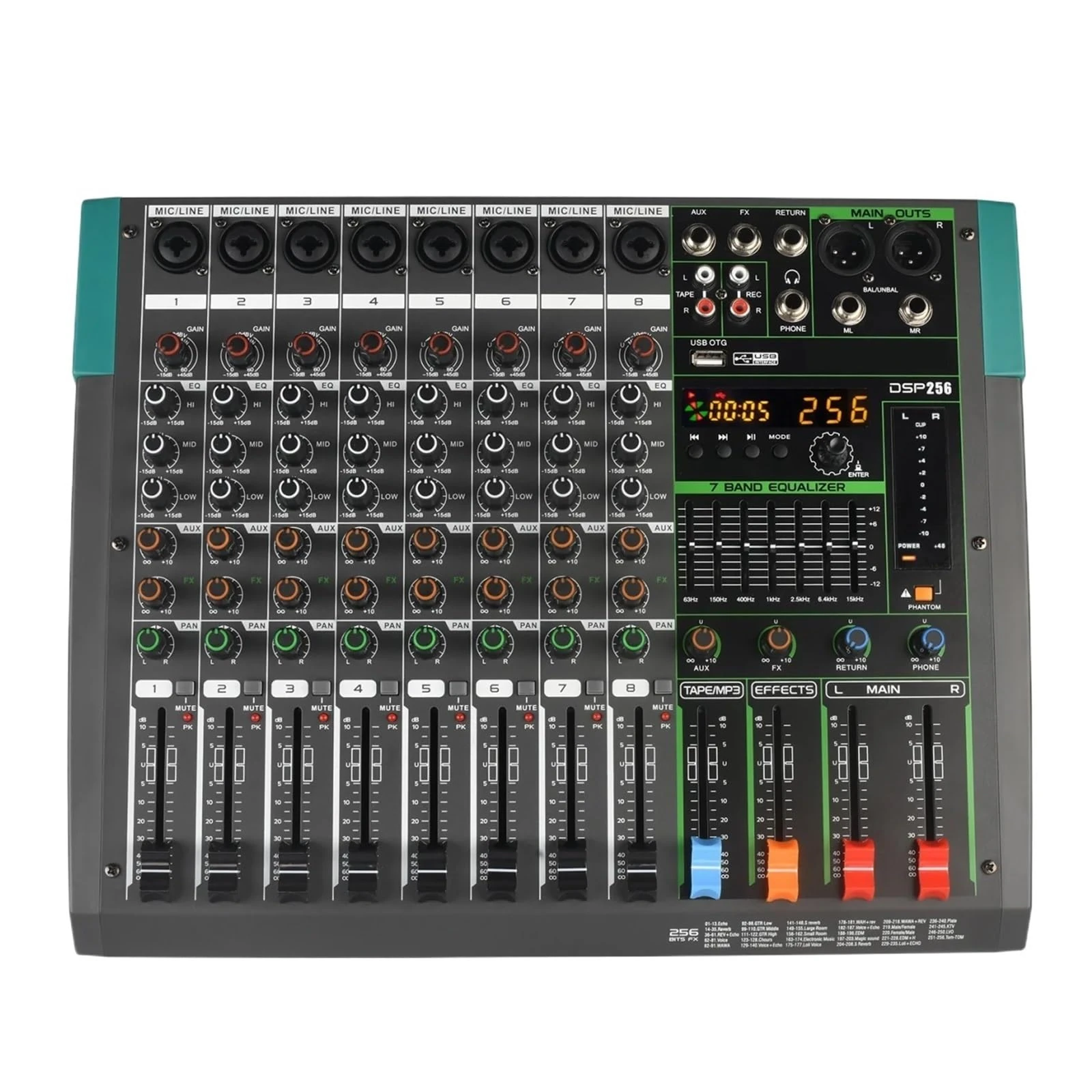8 Channels Bluetooth Mixing Console 256 Digital Effects Sound Table Desk 7 Band EQ Audio Mixer 48V USB PC Play Record