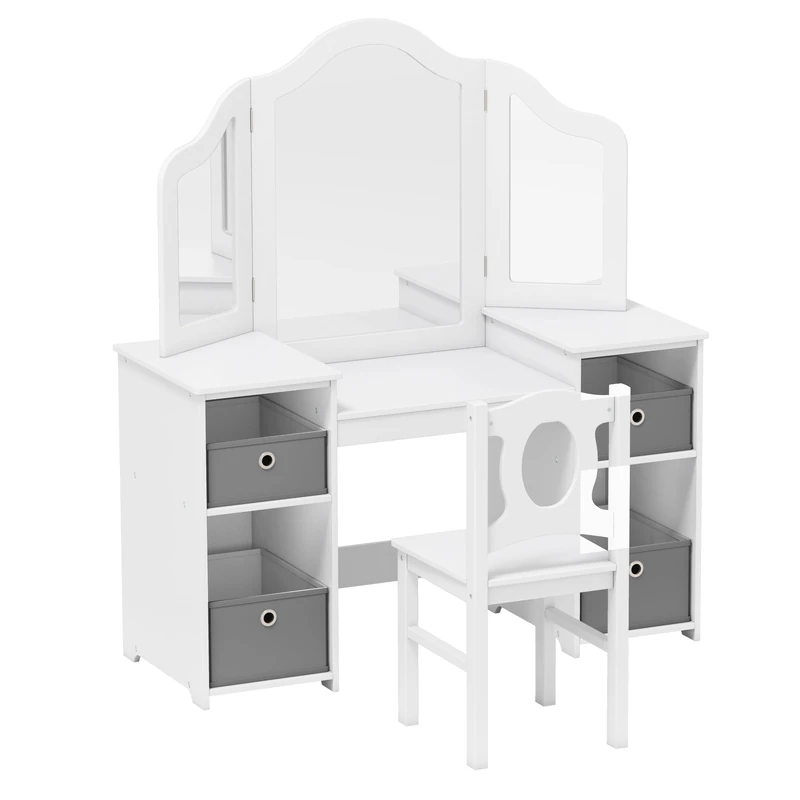GYMAX Kids Vanity Table and Chair Set, 2-in-1 Princess Dressing Table with Tri-folding Mirror & 4 Storage Bins, Wooden Girls Makeup Desk for Bedroom Playroom (White+Grey, Chair: 30 x 30 x 66 cm)
