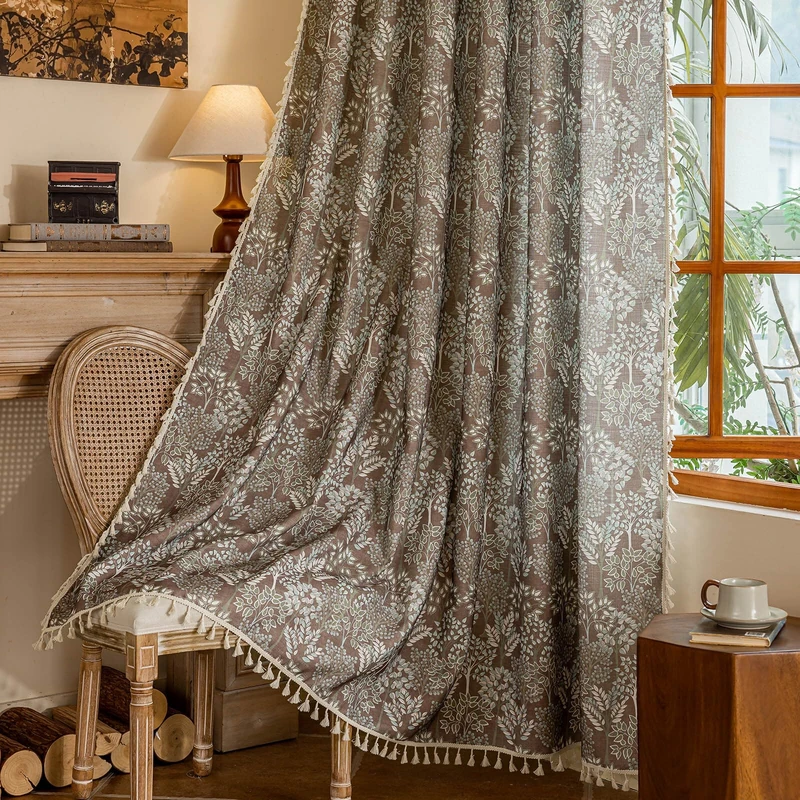 BHUSB Brown Semi Sheer Curtains 84 inches Long 2 Panels Boho Plants Floral Bedroom Curtains Vintage Farmhouse Drapes Living Room Rod Pocket Light Filtering Privacy Window Treatments with Tassel