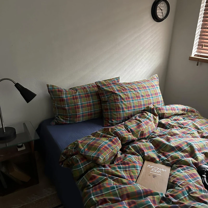 MKXI Buffalo Plaid Duvet Cover Set 3 Piece Vintage Bedding in Kelly Green, Navy & Red | 100% Washed Cotton Reversible Design with Zipper Closure & Corner Ties,Shabby Chic Aesthetic for Twin XL