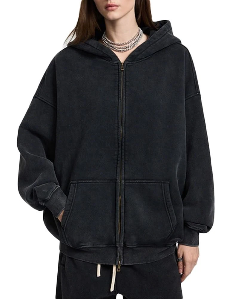 Botong Mens Oversized Zip Up Hoodies Unisex Acid Wash Hoddies Womens Vintage Sweatshirt Teens Streetwear S Black