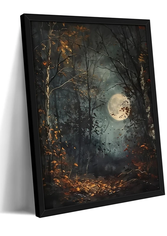 MUWAK Vintage Gothic Forest Canvas Wall Art, Moonlit Autumn Woods, Dark Horror Style Painting, Mysterious Path Wall Decor for Living Room Bedroom Study – Black Wooden Frame 16x24in