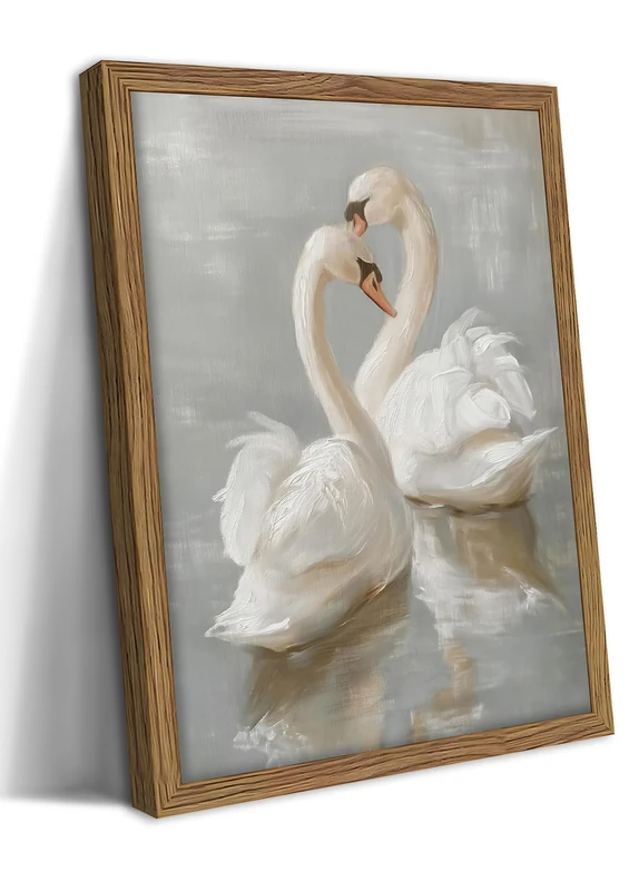 Framed White Swan Canvas Wall Art – Vintage Romantic Swan Oil Painting, Simple Rustic Animal Art Prints, Classical Artwork Wall Decor for Living Room Bedroom Office – 16x24in