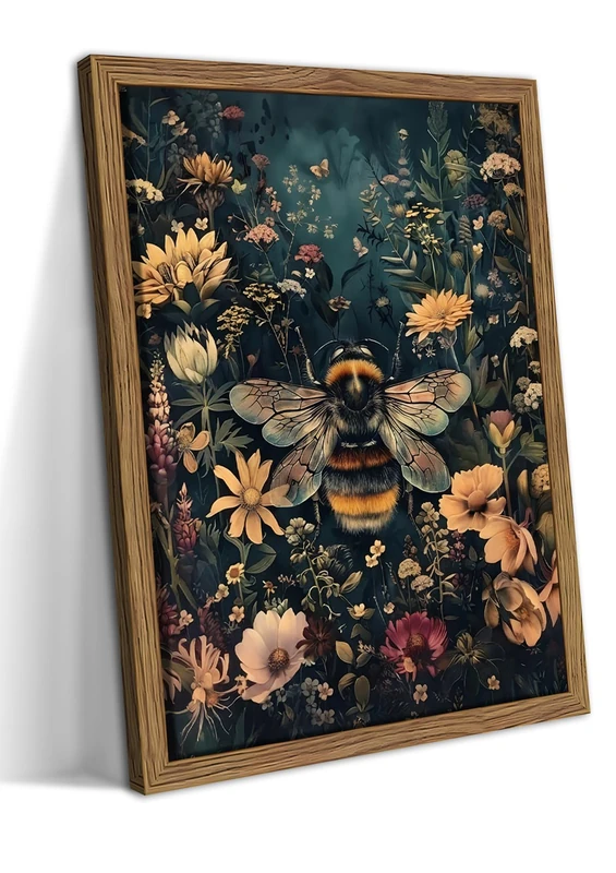 Framed Vintage Bee Canvas Wall Art, Dark College Retro Floral Picture Prints, Nature Botanical Wildflower Bee Artwork Wall Decor for Living Room Bedroom Home Decor – 16x24in