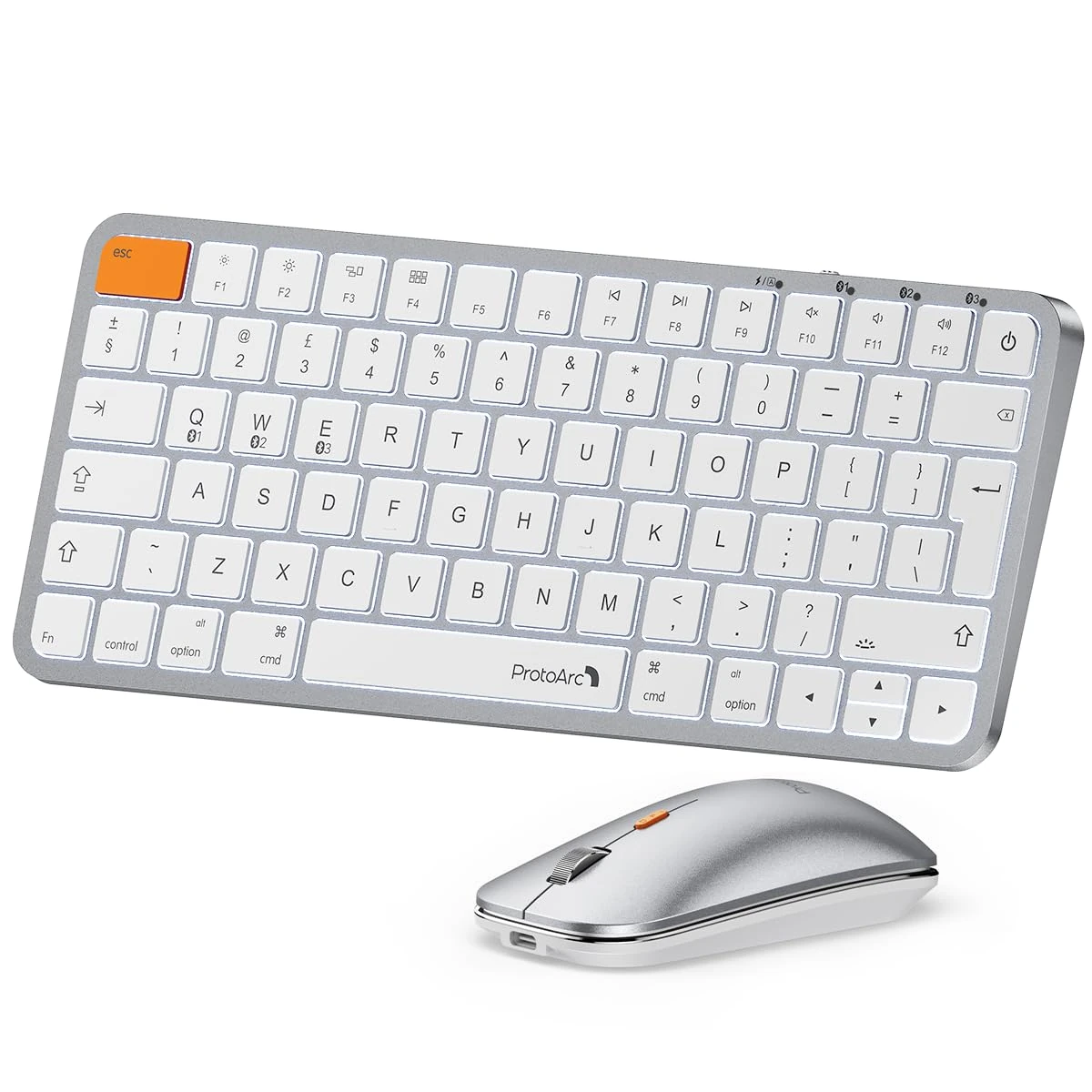 ProtoArc Backlit Compact Bluetooth Keyboard and Mouse for Mac, KM90-A Multi-Device Wireless Keyboard Mouse for Mac, Quiet and Rechargeable, for MacBook Pro/Air, iPad - White Silver