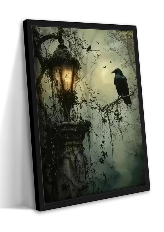 Framed Gothic Lantern Canvas Wall Art, Dark Fantasy Raven Vine Artwork with Misty Night Scene, Mysterious Gothic Wall Decor for Living Room Bedroom Home Decor – Black Wooden Frame 16x24in