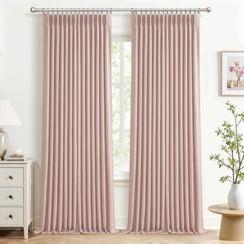 Light Pink Extra Long Floor to Ceiling Curtains 108 Inches Long for Kids Room, Memory Trained Pinch Pleated Blackout Insulated Two Layer Linen Drapes with Hooks Rings Privacy Luxury Curtain 2 Panels