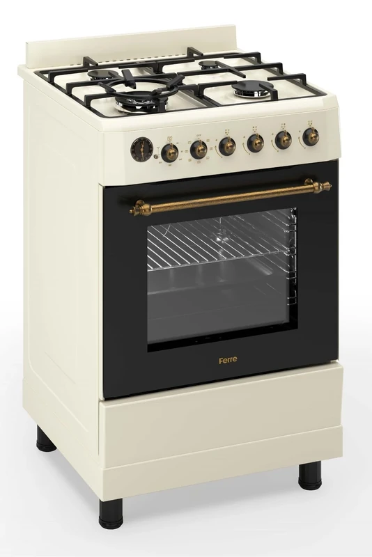 Ferre F6IP40E7-CR-RETRO-W 60cm Freestanding Dual Fuel Cooker With Wok Burner & Turbo Fan - Cream