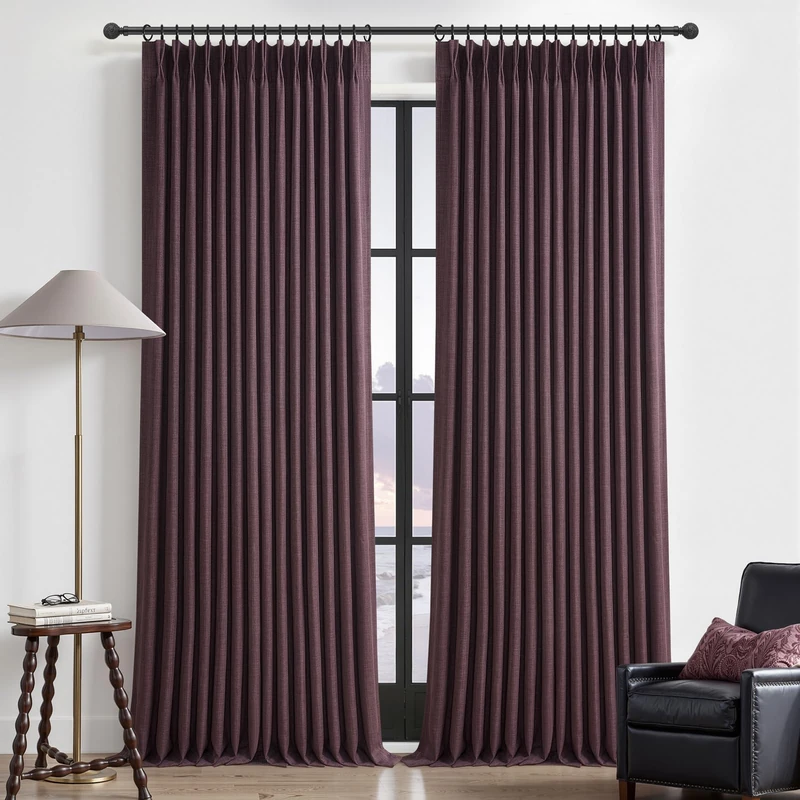 Blackout Thick Linen Viral Curtains 96 Inches Long 2 Panels Set for Dining Room, Dark Purple Memory Trained Pinch Pleat Dual Layer Heavy Drapes Insulated Noise Cancelling Textured Windows Curtain 8 FT