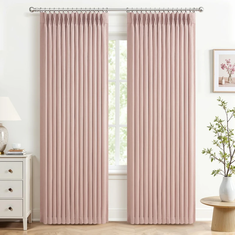 Blush Pink Double Layer Linen Pinch Pleated Curtains 90 Inches Long for Kids Room 2 Panels Set, Beautiful Memory Shape Blackout Insulated Noise Reducing Textured Viral Windows Drapes 40 x 90 Length