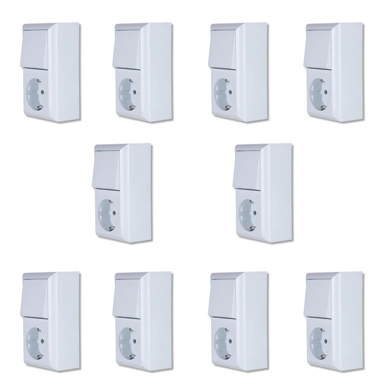 REV PlanoLuxe Switch/Socket Combination Economy Set - 10x Surface-Mounted Socket with A/W Switch, White