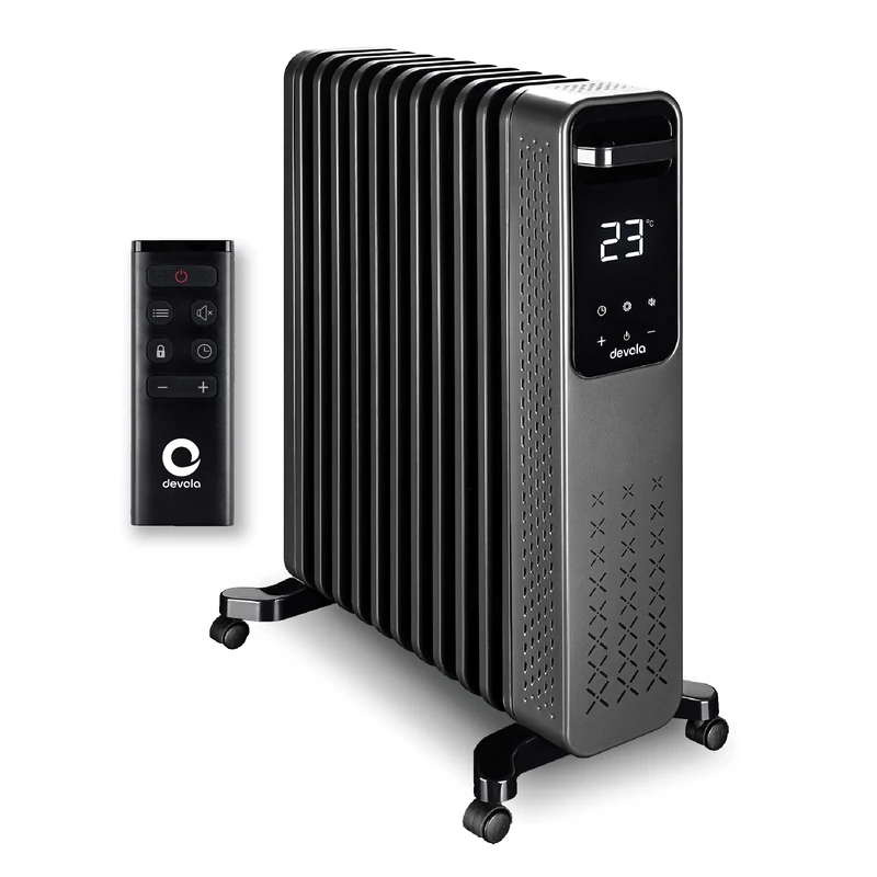 Devola Platinum 2500W Oil Filled Radiator, Quiet Electric Heater with Digital Thermostat, ECO Mode, 24H Timer, Child Lock, Overheat & Tip-Over Protection, Portable, Free Standing, Black - DVOFR2500B