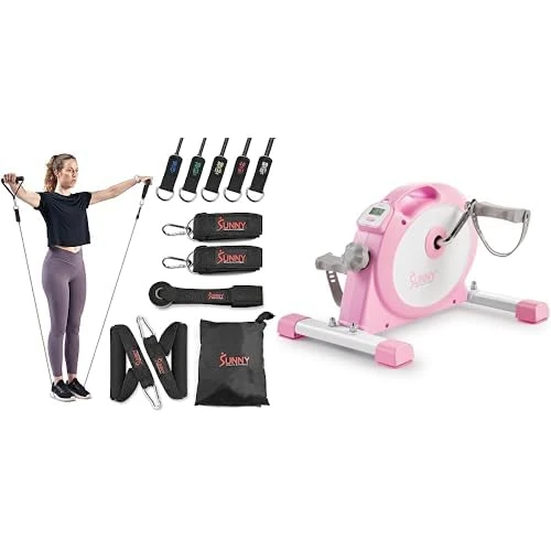 Sunny Health & Fitness Under Desk Smart Mini Pedal Exerciser, Dual Function Exercise Cycle Bike + Premium Resistance Band Set With Door Anchors, Wrist Straps, Handles & Carry Bag
