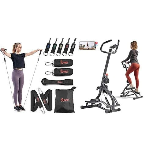 Sunny Health & Fitness Stair Stepper w/Handlebar, Extended Step Range Machine + Premium Resistance Band Set With Door Anchors, Wrist Straps, Handles & Stretch Band