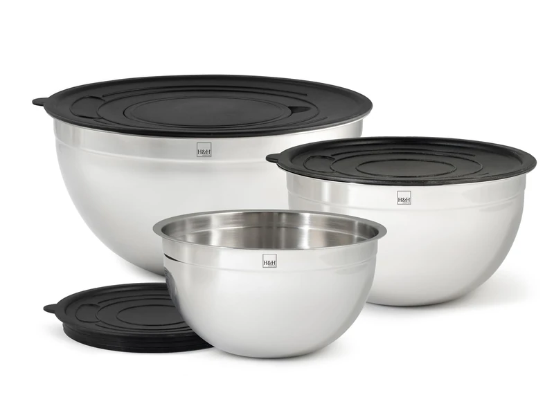 H&H Set of 3 Mixing Bowls in 18/10 Stainless Steel with Lid - Diameter 16/20/24 cm - for Kneading, Mixing and Storing - with Anti-Splash Ring