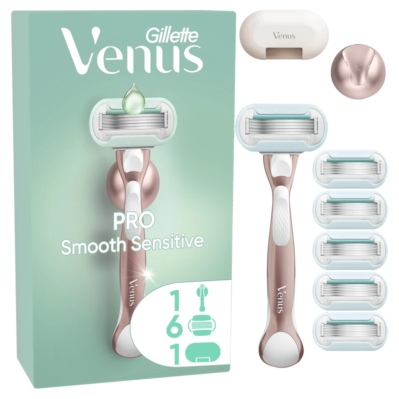 Gillette Venus Pro Smooth Sensitive RoseGold Women's Razor- 6 Blades, 5 Diamond‐Like Coated Blades