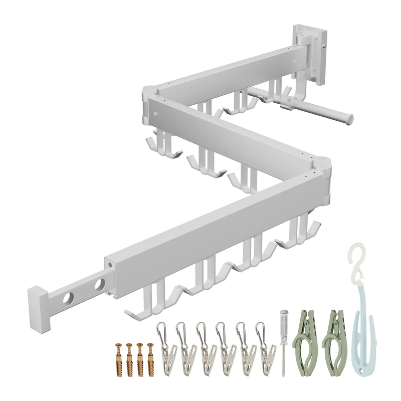 Relaxdays Wall-Mounted Clothes Airer, Foldable & Rotatable, HWD: 12 x 127 x 26 cm, Space-Saving Laundry Rack, White