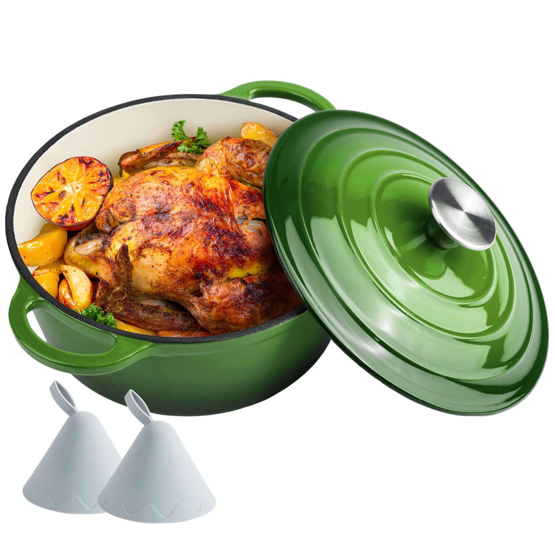 4.5 Quart Dutch Oven Enameled Cast Iron with Lid - Big Dual Handles - Oven Safe up to 500°F - Classic Round Pot for Versatile Cooking Green