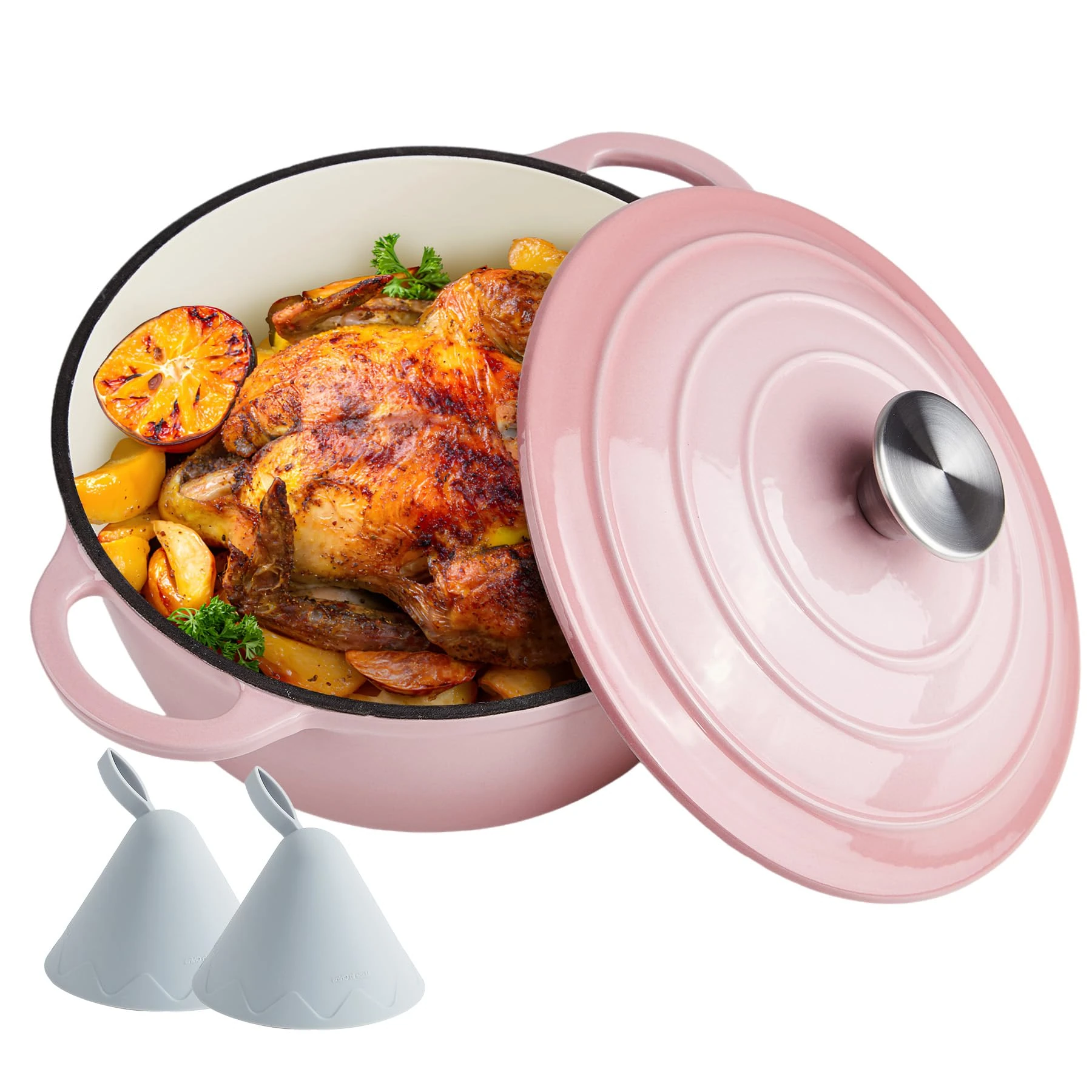 4.5 Quart Dutch Oven Enameled Cast Iron with Lid - Big Dual Handles - Oven Safe up to 500°F - Classic Round Pot for Versatile Cooking Pink