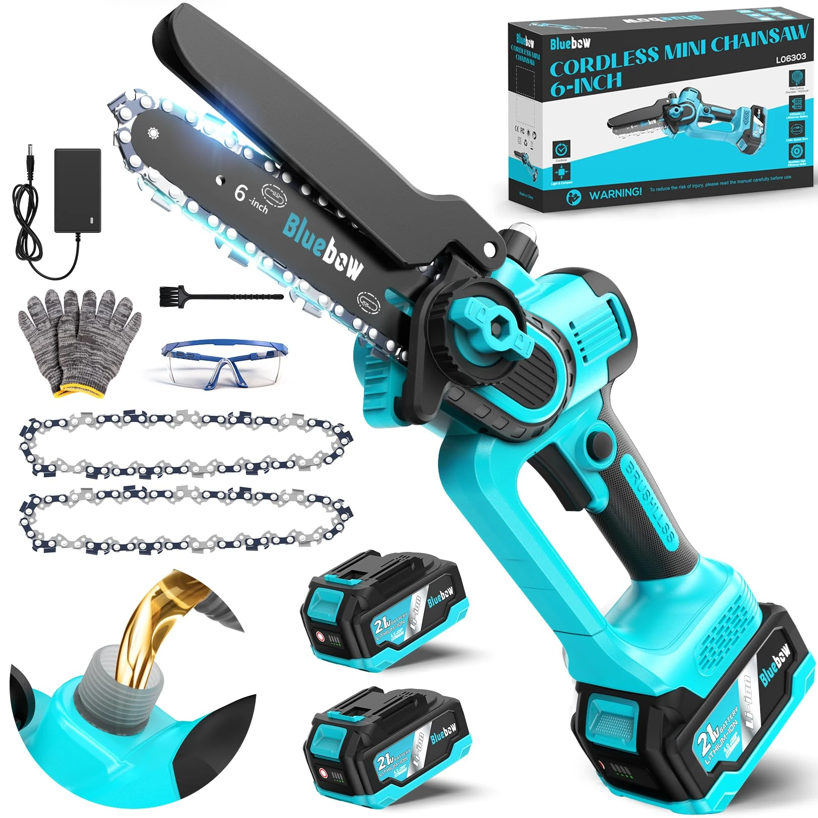 Mini Chainsaw Cordless 6 Inch - Brushless Electric Saw with Oiler System, 2×4000mAh Batteries Small Chain Saw Cordless Chainsaw with Battery and Charger for Cutting Trees Trimming Wood Gardening