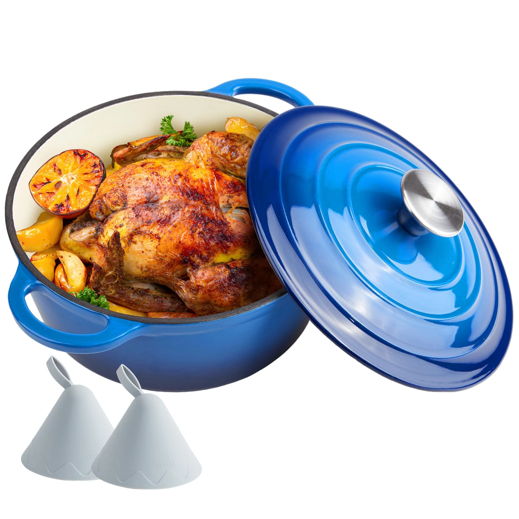 4.5 Quart Dutch Oven Enameled Cast Iron with Lid - Big Dual Handles - Oven Safe up to 500°F - Classic Round Pot for Versatile Cooking Blue