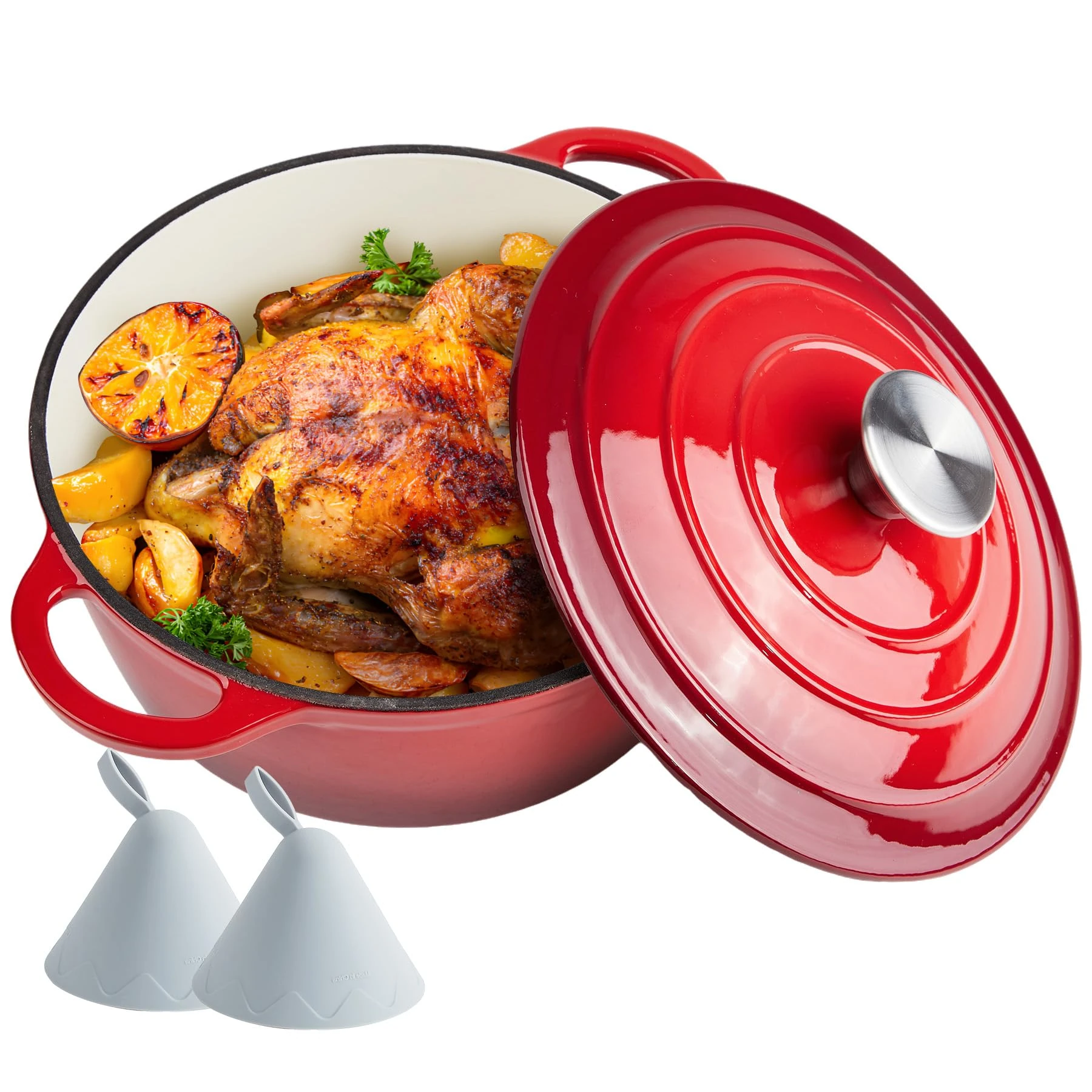 4.5 Quart Dutch Oven Enameled Cast Iron with Lid - Big Dual Handles - Oven Safe up to 500°F - Classic Round Pot for Versatile Cooking Red