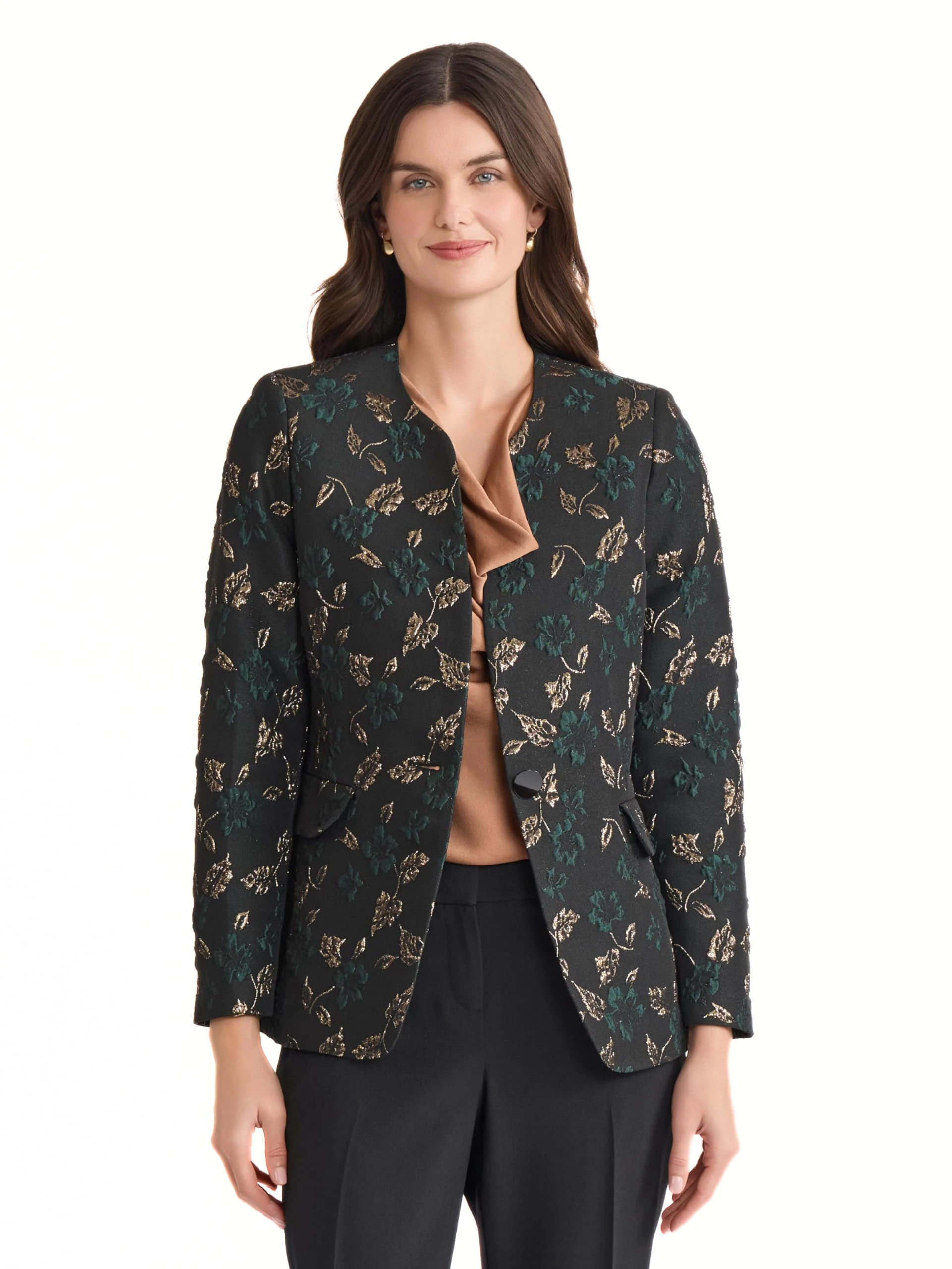 Kasper Women's Collarless One-Button Jacquard Blazer, Black Multi, 16