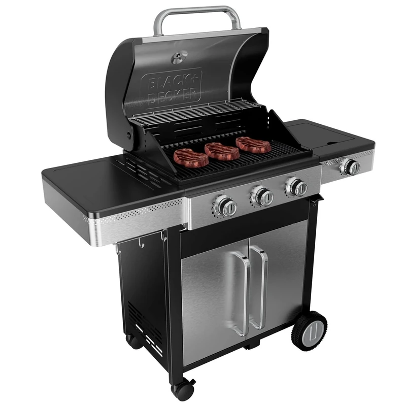 Black+Decker BXOG12950E Gas Barbecue | 3 Burners 3.6kW + Side 2.1kW | Cast Iron Grill | Easy Cleaning | Stainless Steel Thermometer | Flexible Cooking Area | Swivel Wheels