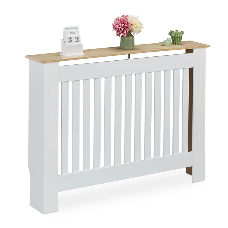 Relaxdays Radiator Cover, Slatted Design, HWD: 83x112x19 cm, Wood Effect Shelf, Central Heating Cladding, MDF, White