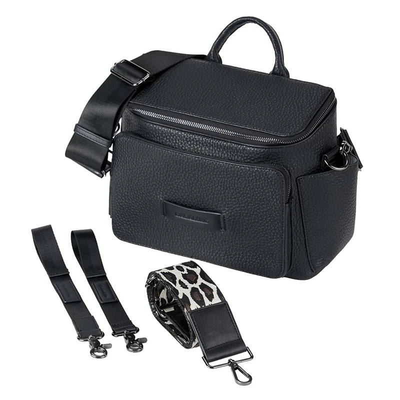 baba bing Cross Body Tumble Leather Changing Bag - Leather Black - Vegan Baby Changing Bags | Convertible Design Baby Nappy Bag | Nappy Changing Bags - Crossbody/Hand-Held Diaper Bag