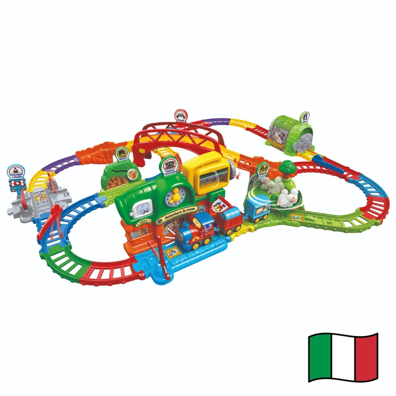 VTech Vroom Vroom Go - Adventures in Train, Electric Train Track with Obstacles, Including Motorized Locomotive and Wagons, 6 Magic Zones, Italian Language, Batteries Included, 1-5 Years