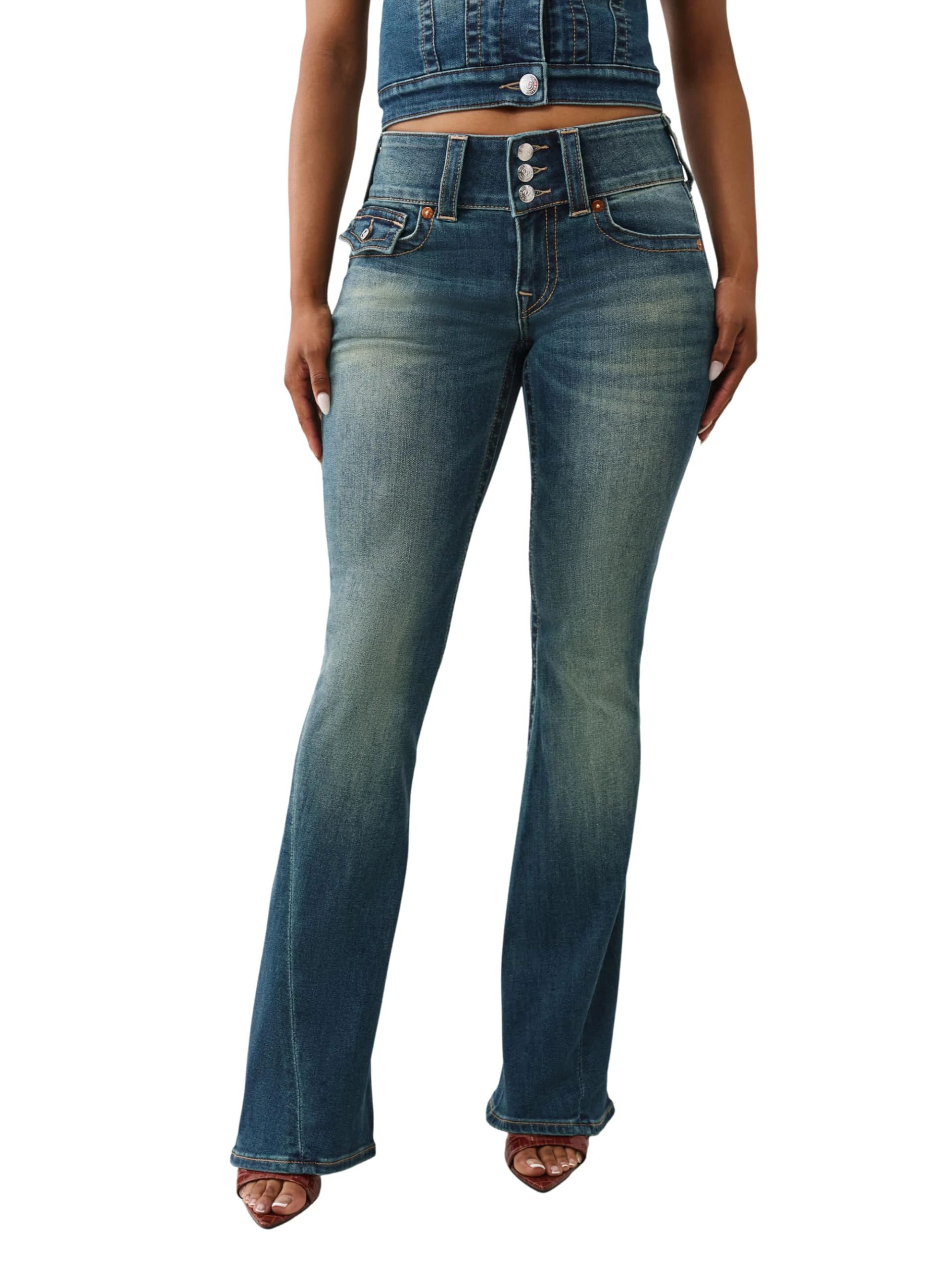 True Religion Y2K Joey Mid Rise Flare Jeans – Retro Flare Fit with Big T Flap Pockets, Gotham Grind, 30