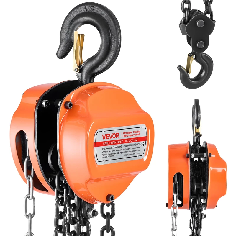 VEVOR Hand Chain Hoist, 2 Ton Capacity, Manual Chain Block with Upgrade G80 Galvanized Chain, 6 m Lifting Height, Heavy Duty Pulley Hoist for Garage Warehouse Automotive Machinery, Orange