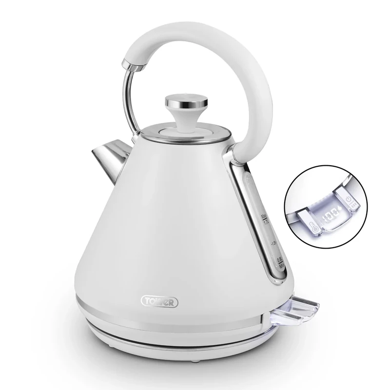 Tower T10087WHT Mirage Kettle with Digital Control Panel, Variable Temperature Function, Rapid Boil Technology, Viewing Window, Removable Filter, 3kW, 1.7L, White & Chrome