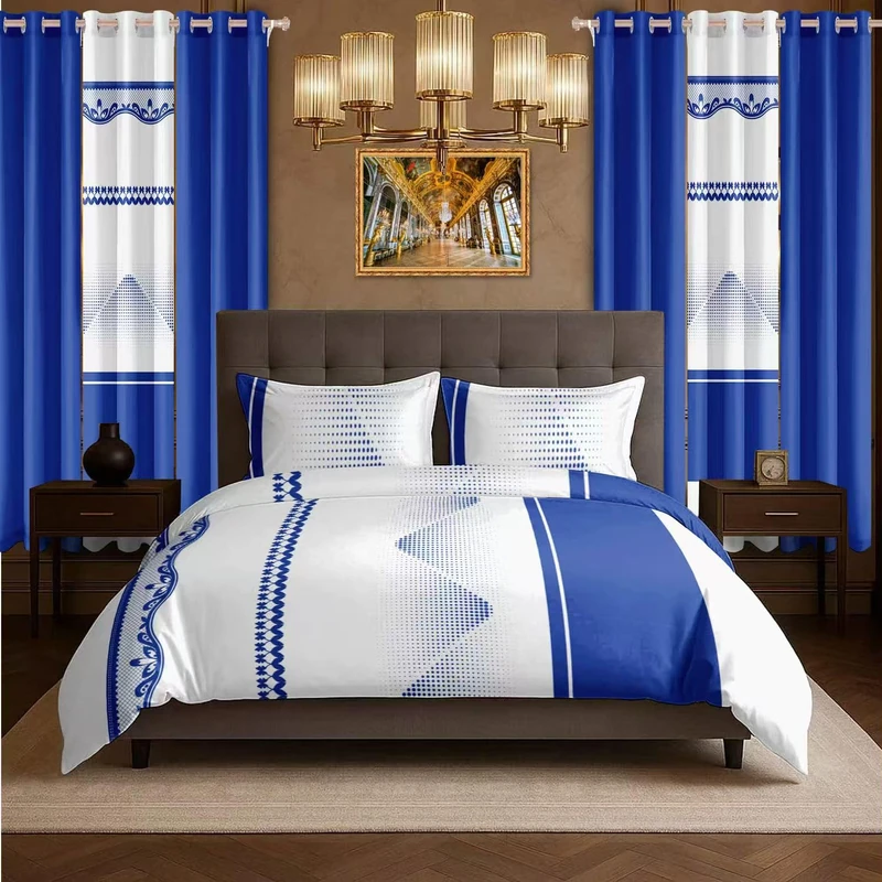 FBLMD 9 Pieces Bedspread Bedding Set with Matching Curtains,King Size,Royal Blue and White,Coverlet Quilted Bed Throw,Bedcover,Machine Washable,Gift for Wedding and Fastival