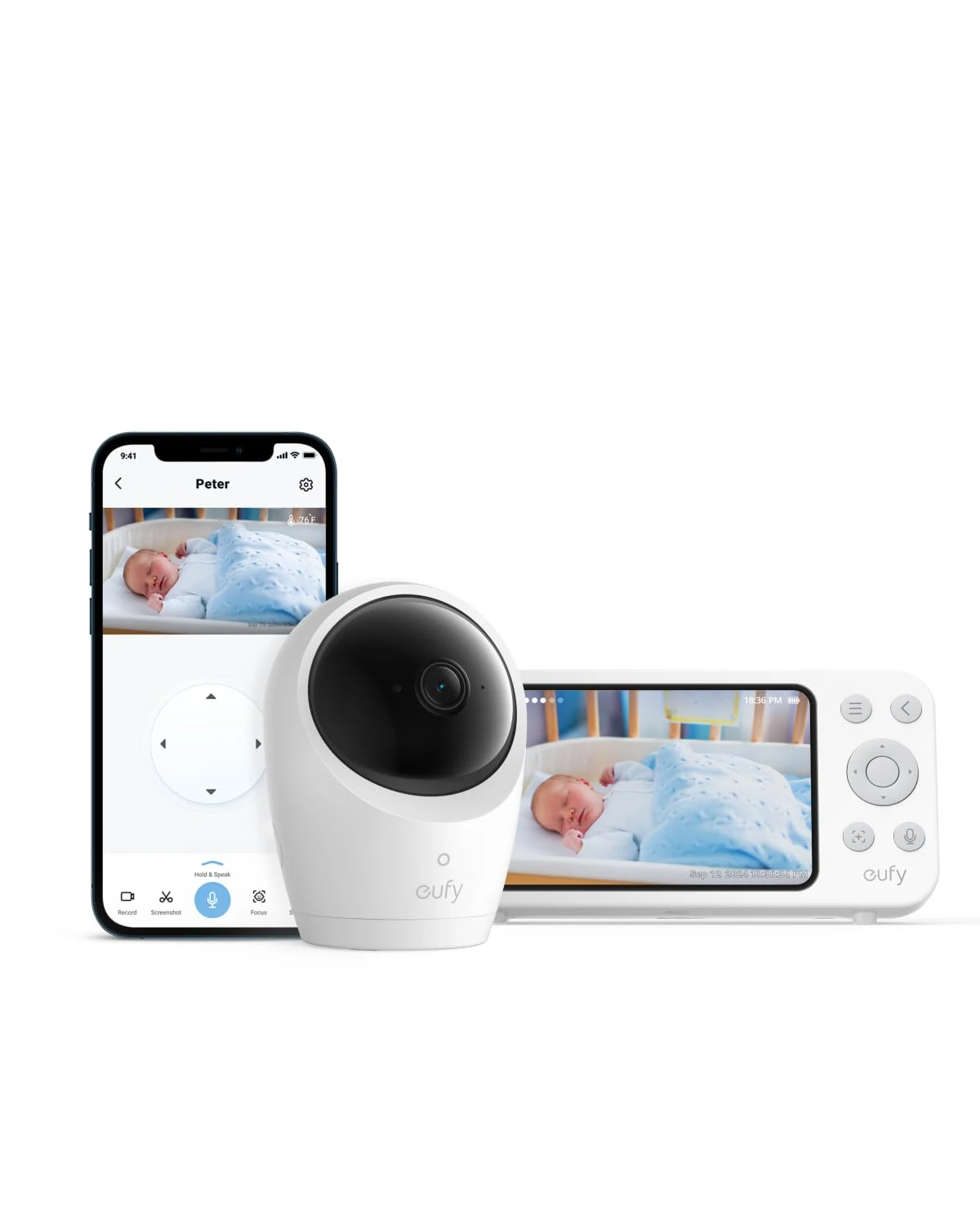 eufy Security Baby Monitor E20 with 2K HD Camera, 5'' 720p Display, Hybrid Wi-Fi & No Wi-Fi Connection, Pan-Tilt, 4X Zoom, Portable Camera with Built-in Battery, 24/7 Recording in App, ANR